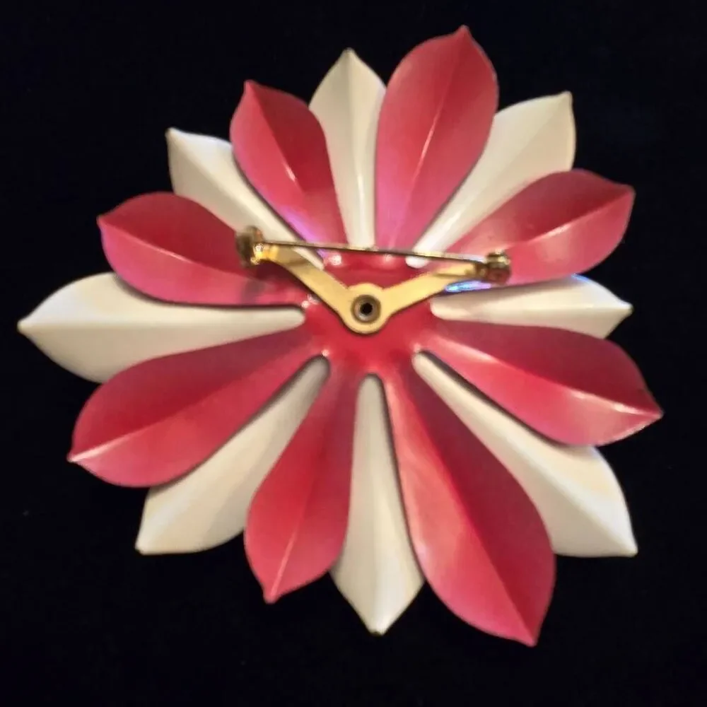 Vintage Enamel Flower Brooch Pin Red White Blue